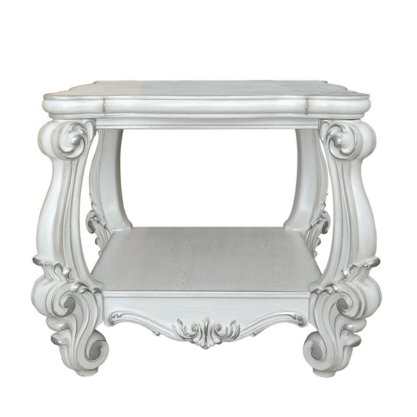 English Elm Bone White Romantic End Table with Bottom Shelf, Floral Carved Legs, Timeless Traditional Charm and Storage B062P189090