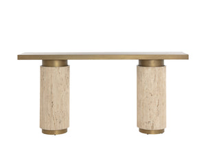 Sunpan Ashva Console Table - Timeless Greek-inspired Design With Reeded Travertine And Antique Brass Finish Gold Iron 111821
