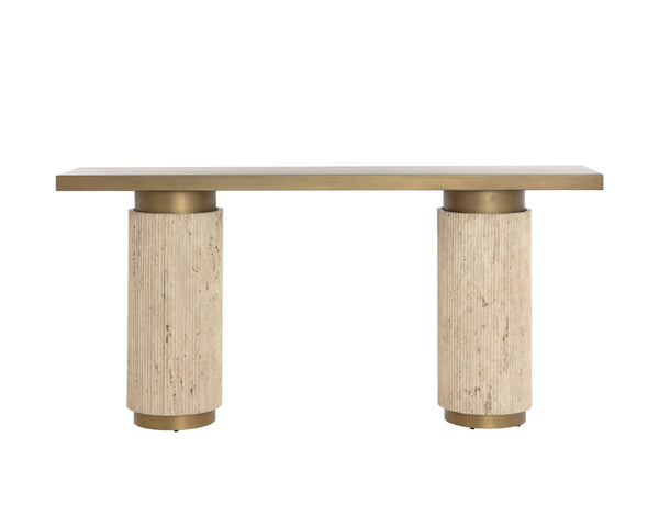 Sunpan Ashva Console Table - Timeless Greek-inspired Design With Reeded Travertine And Antique Brass Finish Gold Iron 111821