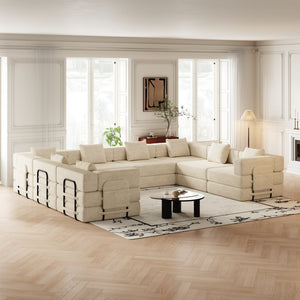 English Elm 8 Seater Corduroy Floor Sofa Bed with Storage Pockets and Modular Cushion Design W3505S00023