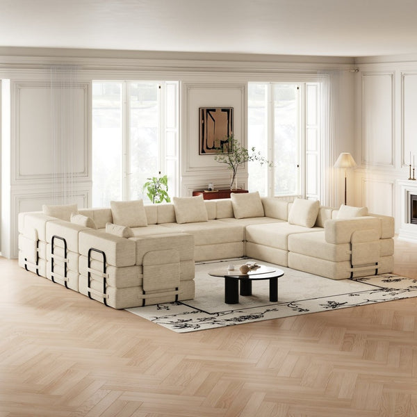 English Elm 8 Seater Corduroy Floor Sofa Bed with Storage Pockets and Modular Cushion Design W3505S00023