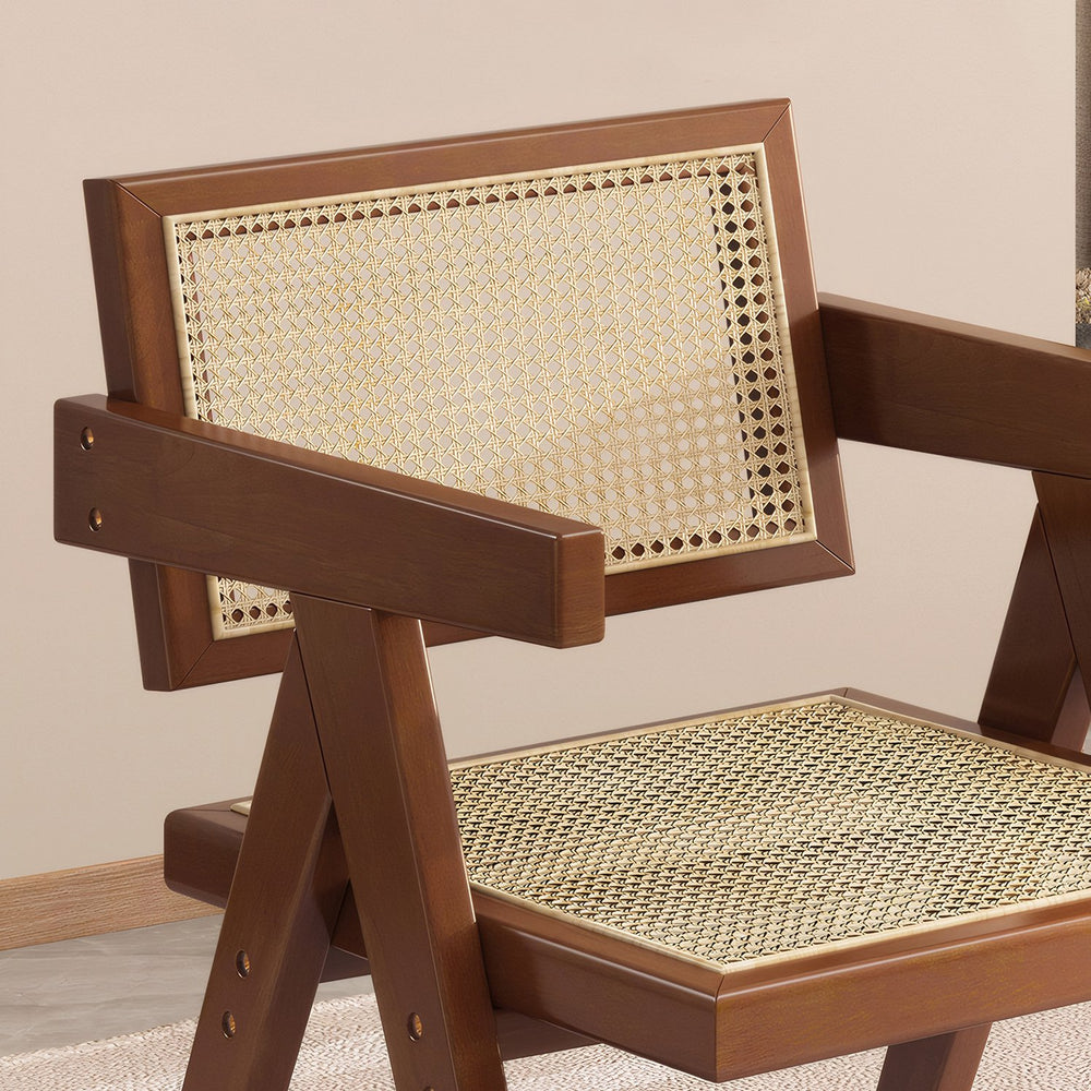 English Elm Modern Mid Century Rattan Dining Chair with Armrests – Walnut Rubber Wood, Comfortable Durable Accent Seat W3101P340551