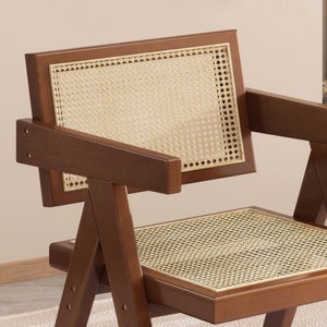 English Elm Modern Mid Century Rattan Dining Chair with Armrests – Walnut Rubber Wood, Comfortable Durable Accent Seat W3101P340551