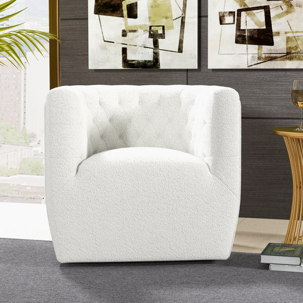 English Elm Ashcroft Furniture - Delaney White Bouclé Swivel Chair - Mid-Century Modern Accent Seat with High-Density Foam Comfort B183P201802