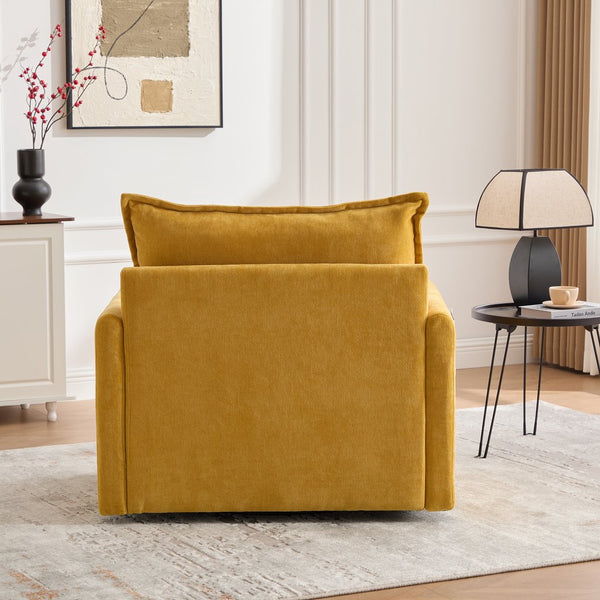 English Elm UNITED Swivel Barrel Chair with Chenille Upholstery, 360° Smooth Rotation, Padded Arm Comfort and Side Pockets for Living Room Relaxation Mustard yellow W1568P290085