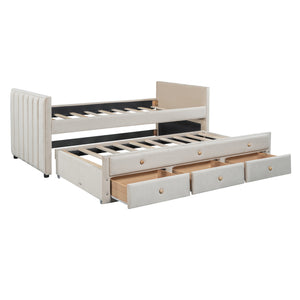 English Elm Twin Upholstered Daybed with Pull-Out Trundle and 3 Drawers, Velvet Finish, Solid Frame, Slat Kit Included Beige SF000147AAA