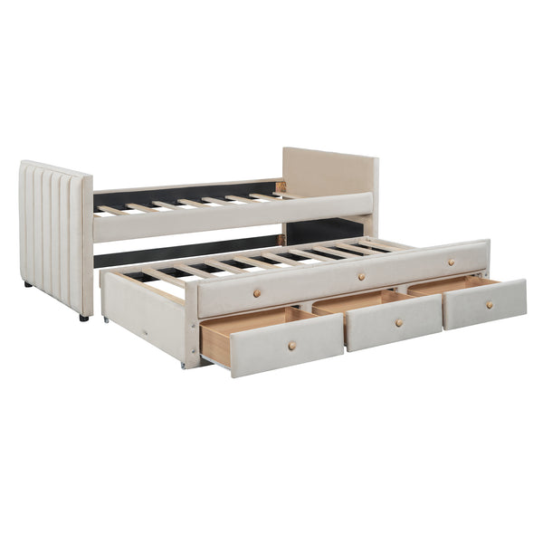 English Elm Twin Upholstered Daybed with Pull-Out Trundle and 3 Drawers, Velvet Finish, Solid Frame, Slat Kit Included Beige SF000147AAA