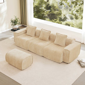 English Elm Streamlined Velvet L-shaped Sectional Sofa with Ottoman and Cloud Cushion Living Room Light Camel W3041S00352