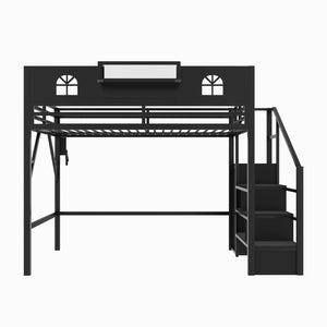 English Elm Metal Queen Loft Bed with L Shaped Desk Wardrobe Led Lighting and Usb for Teens Black W2593S00061