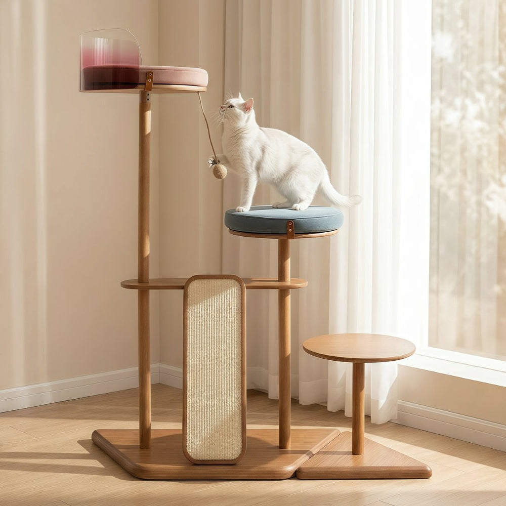 English Elm Geometric Cat Tower Oak Veneer Rubberwood Sisal Chenille Acrylic Pod Modern Home W3136P445672