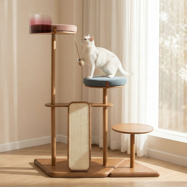 English Elm Geometric Cat Tower Oak Veneer Rubberwood Sisal Chenille Acrylic Pod Modern Home W3136P445672