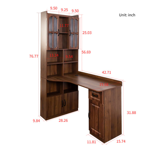 English Elm L-Shaped Corner Computer Desk with Hutch, Drawer & Shelves for Spacious Home Office Organization Walnut W331S00187