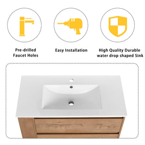 English Elm 36" Wall-Mounted Bathroom Vanity With Ceramic Sink, Dual Soft-Close Drawers & Side Rack Storage, Durable KD Packing W999S00344