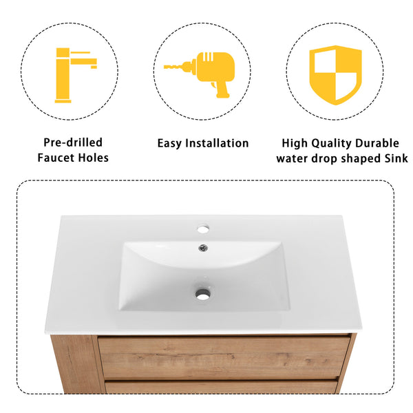 English Elm 36" Wall-Mounted Bathroom Vanity With Ceramic Sink, Dual Soft-Close Drawers & Side Rack Storage, Durable KD Packing W999S00344