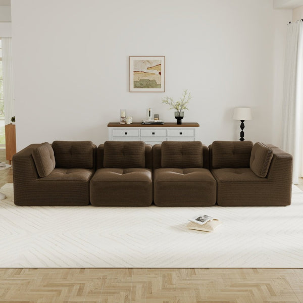 English Elm Modern Corduroy Sectional Sofa Tufted Four Seat Modular Design with Deep Cushions Brown W714S01810