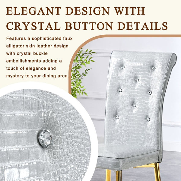 English Elm A Set of 2 Crystal Button Faux Leather Dining Chairs with Embossed Croc Texture Gold,Gray W3226P344058