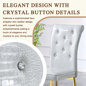 English Elm A Set of 2 Crystal Button Faux Leather Dining Chairs with Embossed Croc Texture Gold,Gray W3226P340256