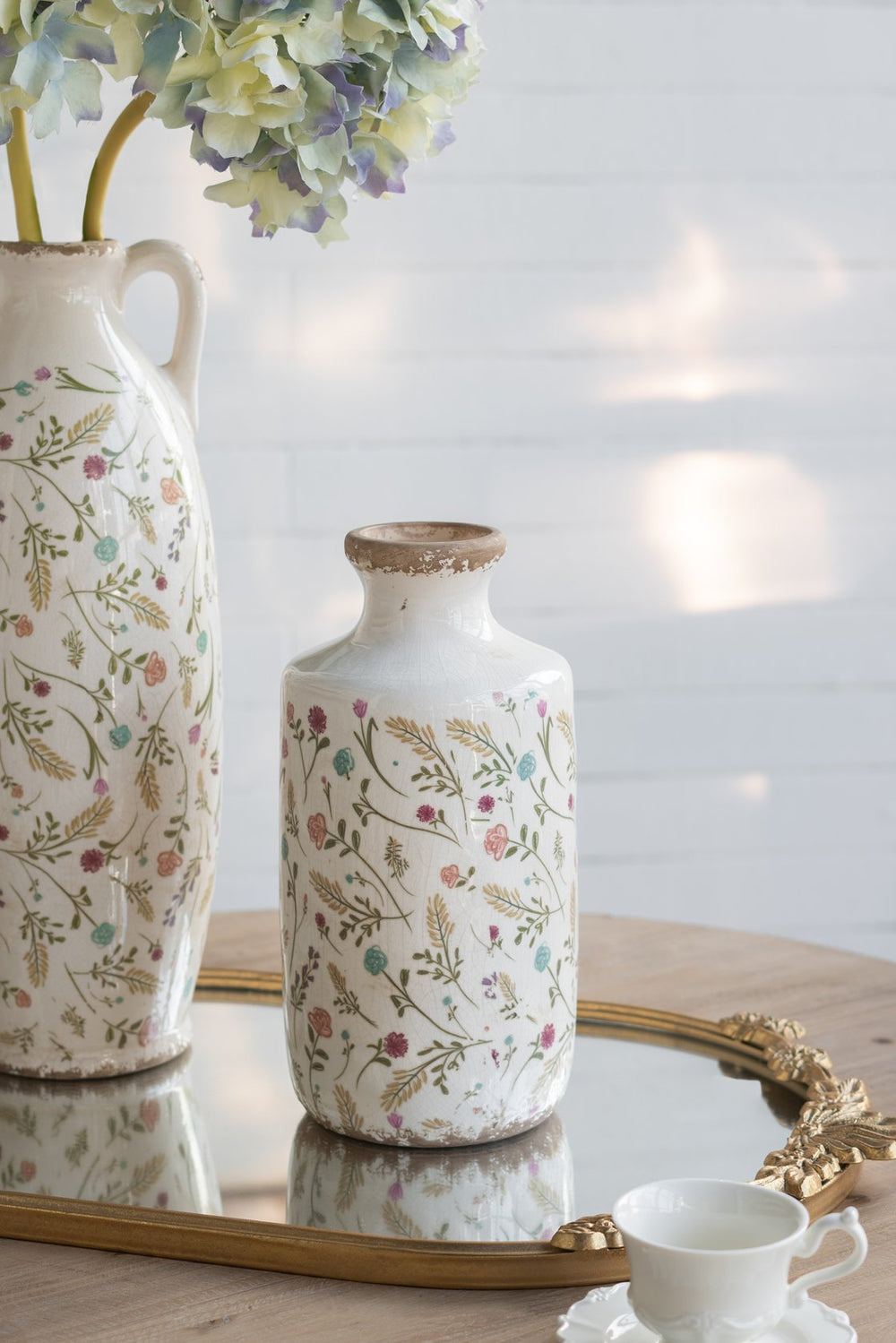 English Elm D5.3x10.6" Ceramic Cylinder Vase — Weathered Rim, Earthy Multi-Color Floral Motifs, Tall Accent Piece for Tableshelves and Nature-Inspired Vignettes W2078P405370