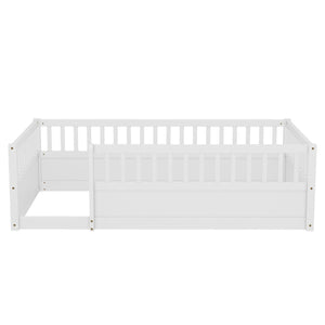 English Elm Twin Montessori Floor Bed Frame for Kids – Pine Playroom Bed with Fence for Reading & Imaginative Play White W1580P307878