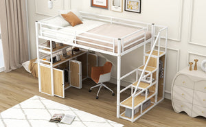 English Elm Full Size Metal Loft Bed with Desk, Storage Staircase, Wardrobe & Shelves — Space-Saving White GX002219AAK