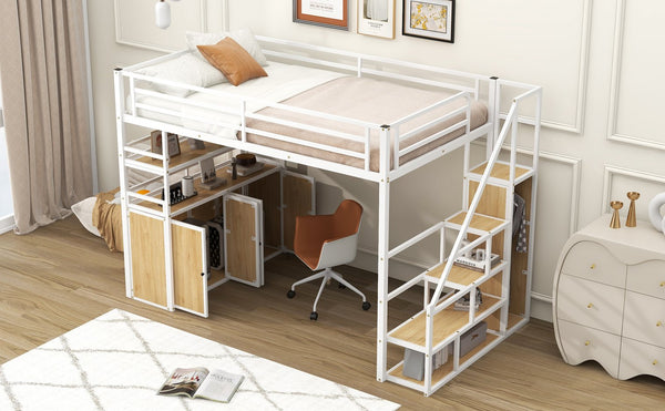 English Elm Full Size Metal Loft Bed with Desk, Storage Staircase, Wardrobe & Shelves — Space-Saving White GX002219AAK