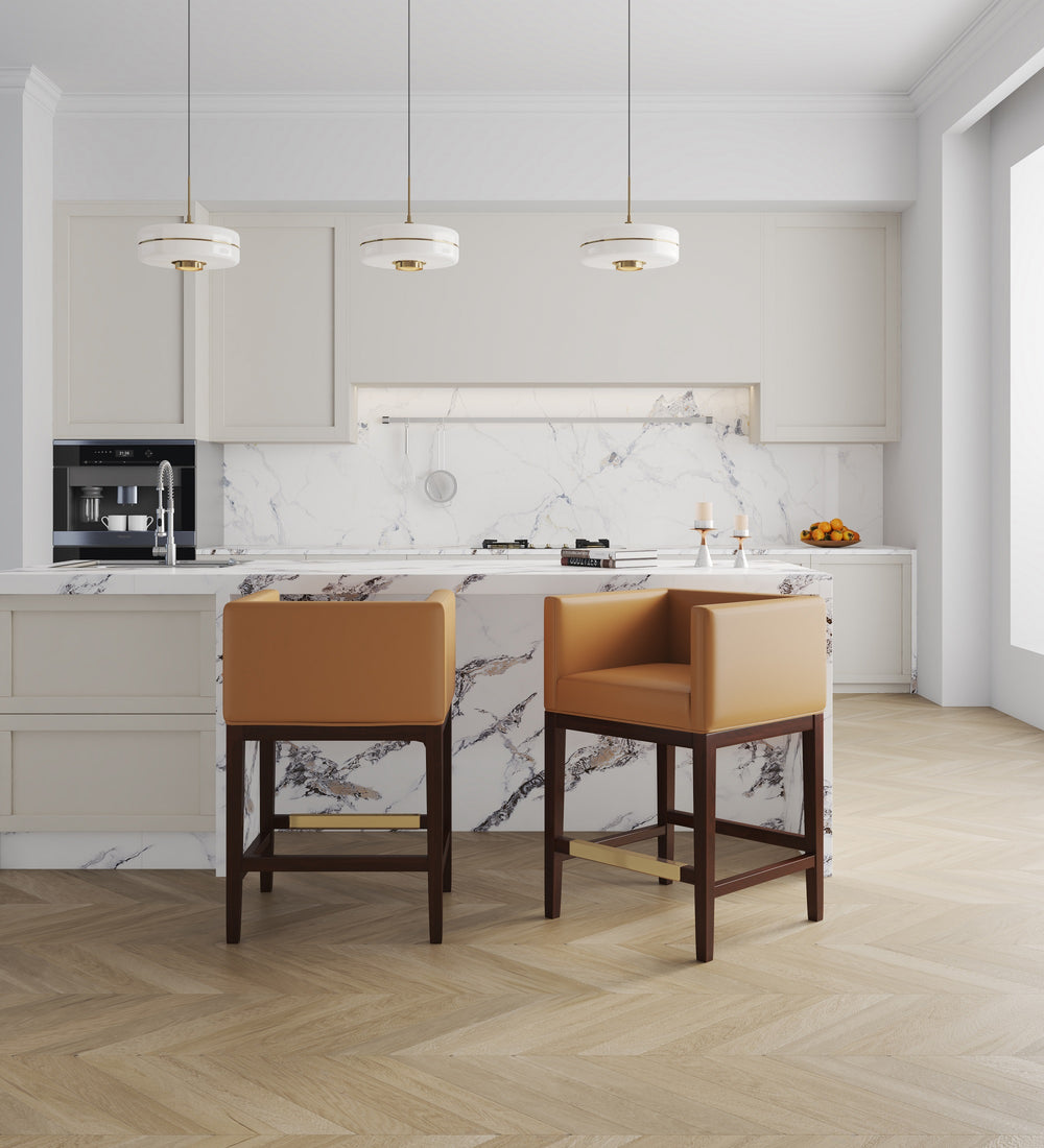 English Elm Kingsley Wood Upholstered Counter Stool with Foam Padding, Beech Wood Walnut Finish & Gold Footrest Camel B365P398434