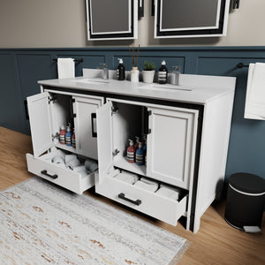 English Elm White Double Bath Vanity 60 in. W x 22 in. D with White Quartz Top, Soft-Close Drawers & Mirrors B2731S00910