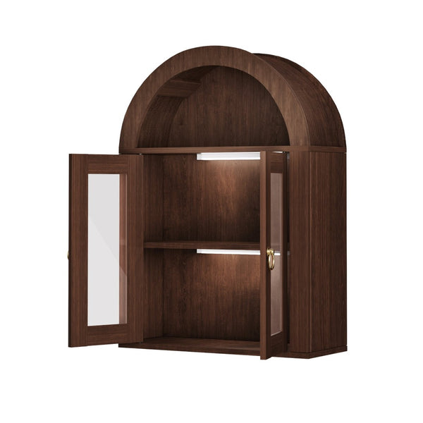 English Elm Wall Mounted Arched Cabinet Tempered Glass Doors Led Lighting Adjustable Shelves Bathroom Brown T3210P471553