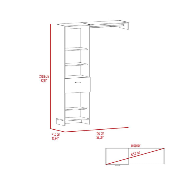 English Elm Hybrid Closet System with Five Open Shelves, Spacious Drawer & Metal Rod for Smart Vertical Storage White 83 L x 20 W x 4 H B128S00094
