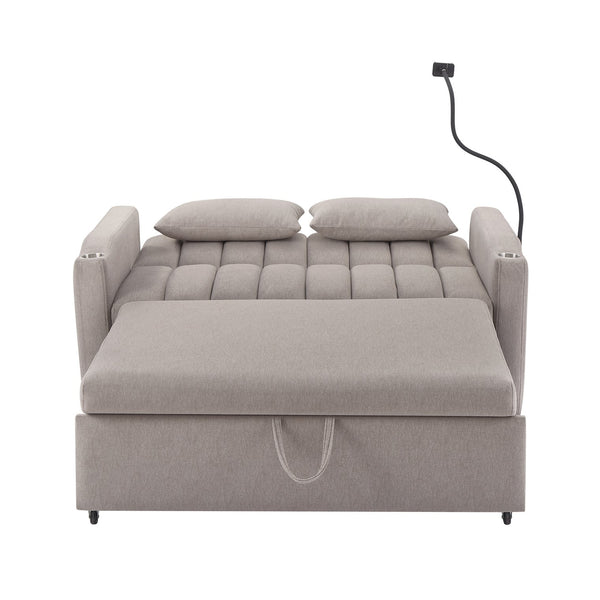 English Elm 55.9" Convertible Sofa Bed Loveseat with 3 USB Ports, Cup Holders, Side Pockets & 360° Phone Swivel LIGHT GREY WF322620AAR