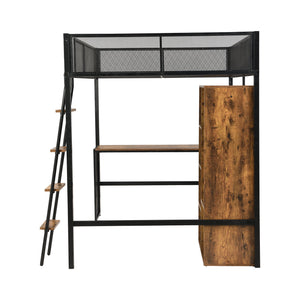 English Elm Full Full Size Metal Loft Bed with Built-In Desk, Wardrobe & Shelves in Black — Space-Saving, Sturdy Design (Fits 6" Mattress) GX001134AAB