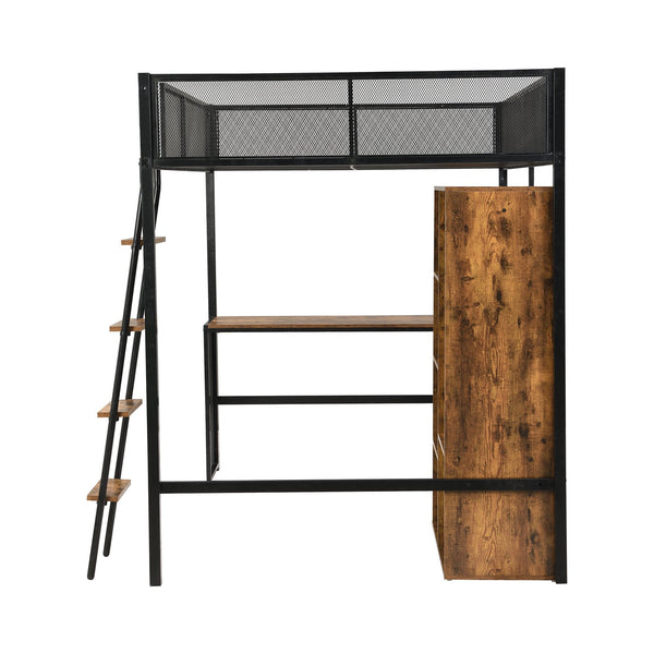 English Elm Full Full Size Metal Loft Bed with Built-In Desk, Wardrobe & Shelves in Black — Space-Saving, Sturdy Design (Fits 6" Mattress) GX001134AAB