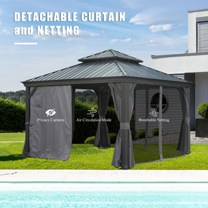 English Elm 12'x12' Hardtop Gazebo Canopy Grey — Powder-Coated Aluminum, Double Roof, Drainage, Curtains & Netting W1859S00158