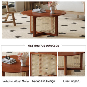 English Elm A natural deep red wooden coffee table with rattan accents, sleek modern design and easy 10-15min assembly W1512P363031