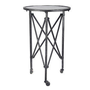 English Elm D17x26.5" Gilbert Side Table - Distressed Black Round Glass Top with Intersecting Frame & Casters W2078P394038