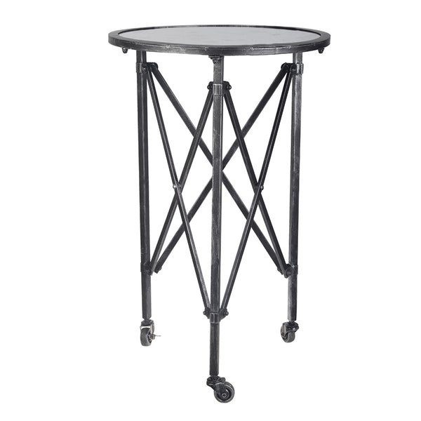 English Elm D17x26.5" Gilbert Side Table - Distressed Black Round Glass Top with Intersecting Frame & Casters W2078P394038