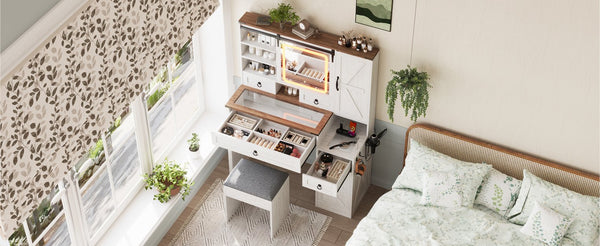 English Elm Farmhouse LED Vanity Desk with Sliding Mirror, Glass Top Storage, Built-In Charging Station & Stool White 37 L x 18.5 W x 13 H N733P340562K