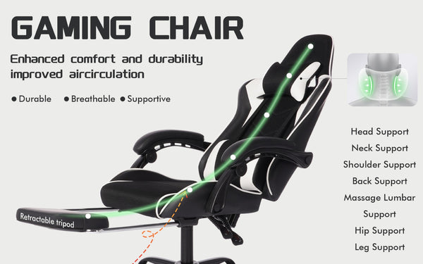 English Elm Deepfurniture Racing Style Gaming Chair Pu Leather Massage Lumbar Footrest Home Office Black White W3860P428632