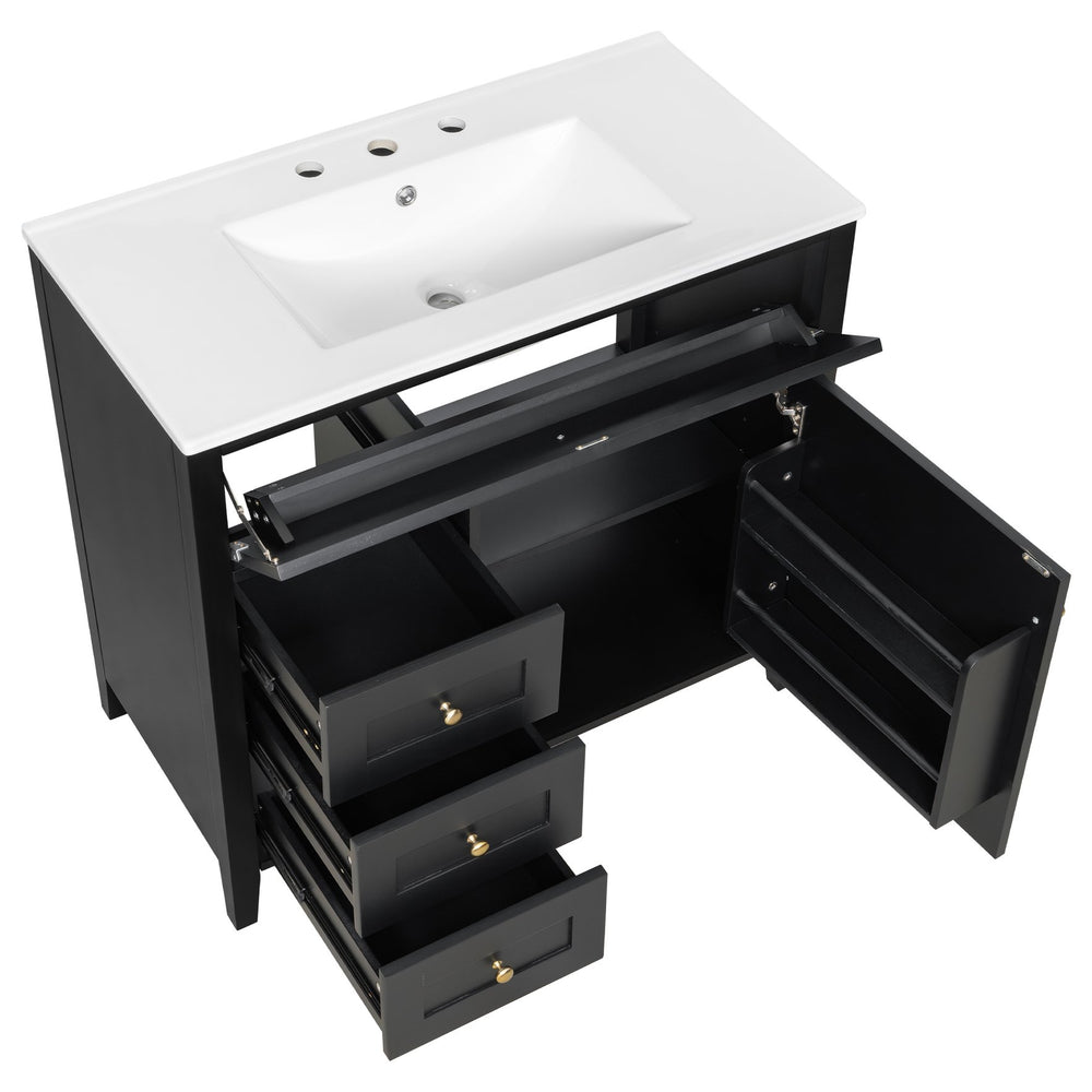 English Elm 36-Inch Black Bathroom Vanity With Sink – Modern Design, 3 Drawers, Adjustable Shelf For Storage N725P350821B