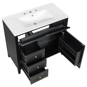 English Elm 36-Inch Black Bathroom Vanity With Sink – Modern Design, 3 Drawers, Adjustable Shelf For Storage N725P350821B