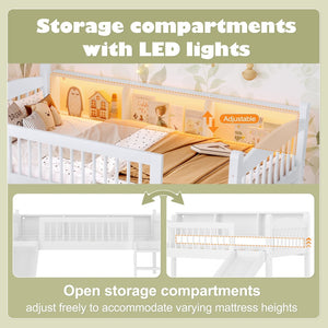 English Elm Twin Xl Solid Pine Loft Bed with Built-in Led Lighting and Storage Shelves Light White W1580S00364