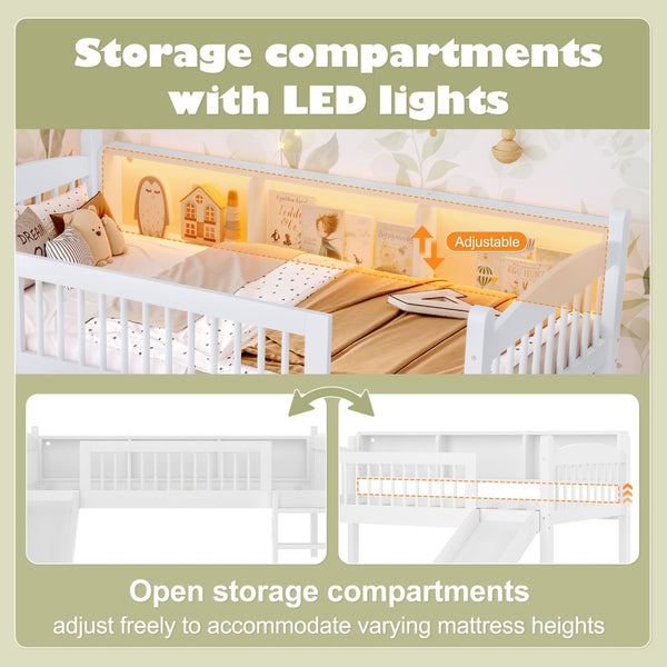 English Elm Twin Xl Solid Pine Loft Bed with Built-in Led Lighting and Storage Shelves Light White W1580S00364