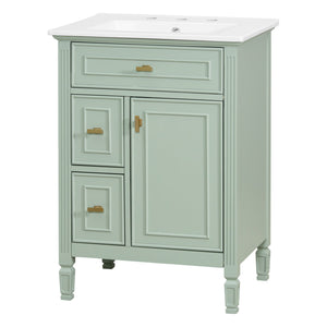 English Elm 24-Inch Bathroom Vanity with Sink, Solid Wood & MDF, Ceramic Top, Gold Handles, Flip Drawer Design Green N725P350824F