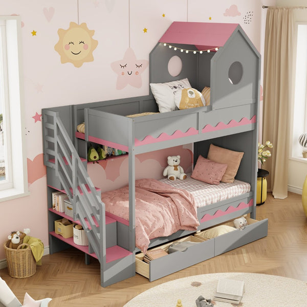 English Elm Twin Over Kids Bunk Bed with Castle Roofline Led Lights and Staircase Storage Gray N820S00068E