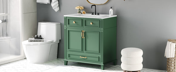 English Elm 30'' Bathroom Vanity with Sink - Retro Solid Wood Frame, Ceramic Basin, Soft-Close Doors & Ample Storage Green N710P190656F