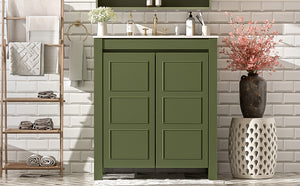 English Elm 30'' 30'' Farmhouse Bathroom Vanity Olive Green with Ceramic Sink, Adjustable Shelves, Soft-Close Doors, Rustic Wood Frame N729P290712F