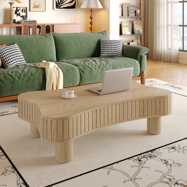 English Elm Lift Top Coffee Table with Silent Hydraulic Lift, Fluted Panels & Hidden Storage, Rounded Corners Natural Wood W1445P355621