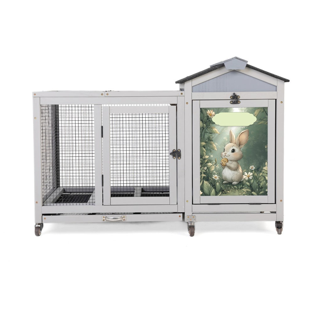 English Elm Wooden Pine Rabbit Hutch Dual Compartment Pet House with Casters Weatherproof Roof W2181P356189