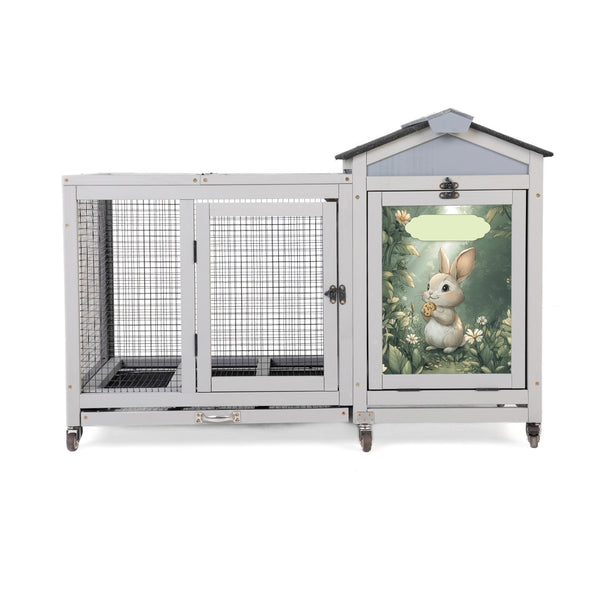 English Elm Wooden Pine Rabbit Hutch Dual Compartment Pet House with Casters Weatherproof Roof W2181P356189