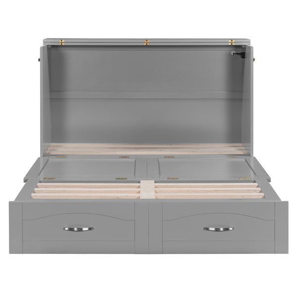 English Elm Full Size Murphy Wall Bed with Storage Drawers Usb Charging Ports and Pulley Mechanism Gray LP100670AAE